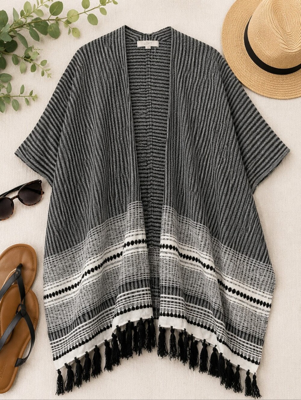 LOFT One Size Striped Tassel Kimono Cardigan Wrap Black Gray